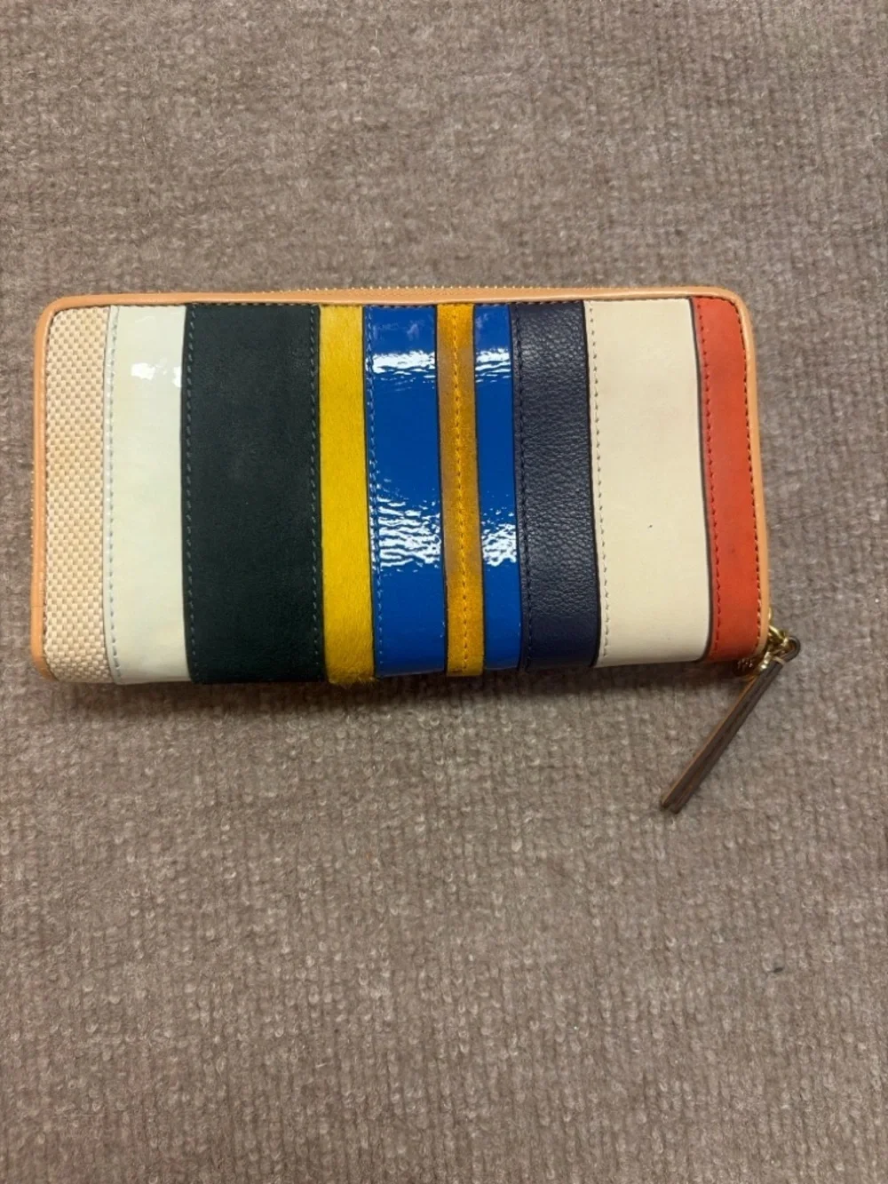 Tory Burch Zip Around Wallet Multicolor Stripe Patchwork Leather Wallet